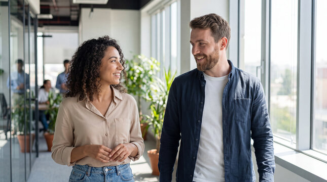 Two colleagues walking and talking in a clean office corridor for World Mental Health Day, perfect for internal wellness and communication visuals.