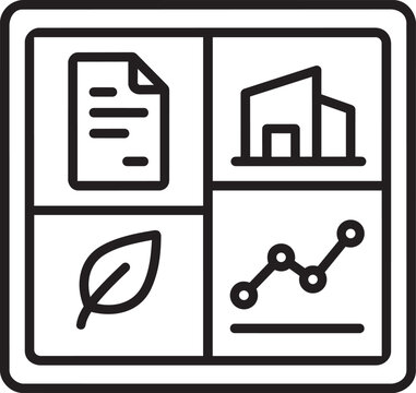 Square with four quadrants containing line symbols of a document, building, leaf, and line graph