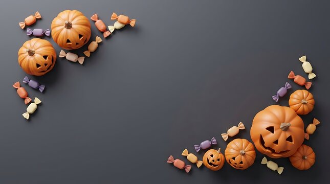 Halloween background with carved jack o lantern pumpkins and sweet candy treats arranged on a dark surface