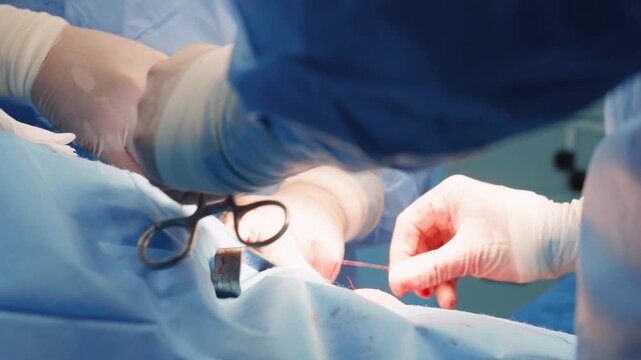 Surgeons Hands Suturing Patient with Thread and Surgical Scissors During Operation