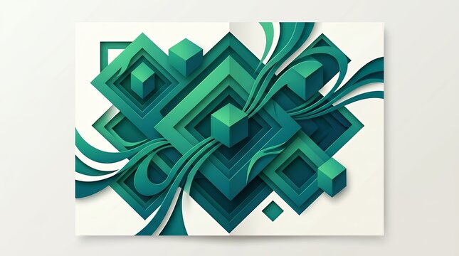 Abstract Paper Cut Style Brochure Cover Template Modern business annual report layout featuring 3D geometric square shapes and emerald teal gradient graphics on a clean background brochure template