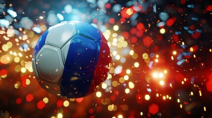Fototapeta premium Floating soccer ball surrounded by vibrant colors and sparkling lights in a festive atmosphere