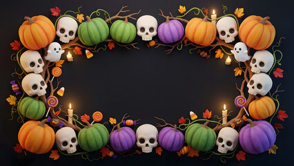 Fototapeta premium Halloween frame with colorful pumpkins skulls and candles on a dark background for festive party decoration and spooky holiday design