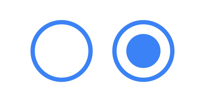 Radio button icon set with selected and unselected states. Blue colored Selection control symbols for forms, surveys, settings and interface design