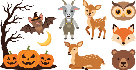 Fototapeta premium Cute Halloween Cartoon Animal and Spooky Autumn Vector Element Set Featuring Pumpkins Bat Deer Goat and Owl Icons for Kids Holiday Greeting Designs
