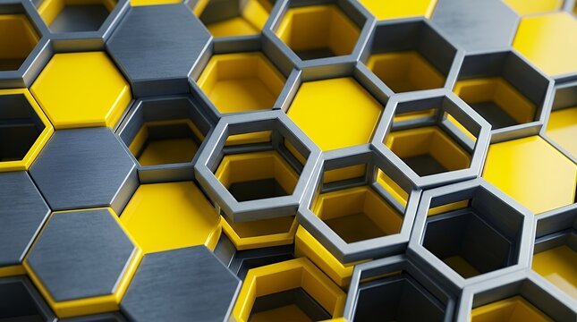 Three Dimensional Abstract Geometric Honeycomb Grid Structure in Bright Yellow and Slate Gray Tones Macro View honeycomb 3d render hexagon structure yellow gray close up pattern geometric abstract