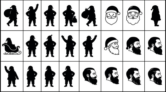 Christmas Santa Claus silhouette and bearded man face avatar icon set with sleigh sack gift and holiday character symbols vector illustration