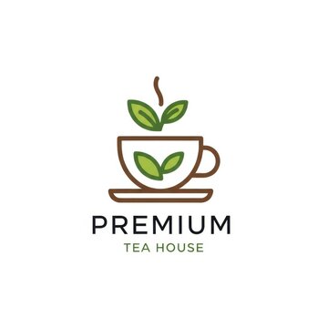 Minimalist vector logo for a premium tea house featuring a stylized white tea cup with green leaves on a saucer, brown outlines, and steam element, isolated on a white background.