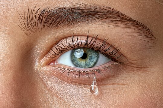 Female crying eye with tear drop close up macro emotional portrait