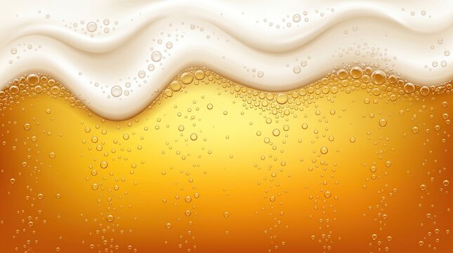 Macro view of golden beer foam head with rising carbonated bubbles in a cold liquid texture for beverage advertising background or refreshing drink concept for summer pub marketing campaign.