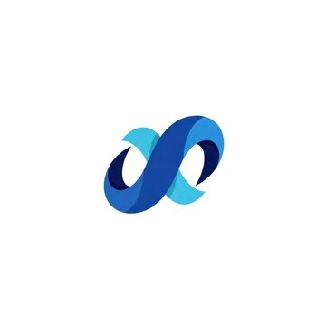 Modern abstract 3D logo design featuring blue intertwined curved ribbons forming a stylized infinity or letter S shape on a white background, using cyan and navy gradients.