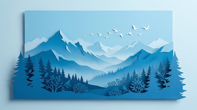 Blue Mountain Landscapein Paper Cutout Style - Layered Papercut Forest with Flying Birds Graphic - Misty Mountain Range Background Design mountain landscape papercut paper cutoutblue