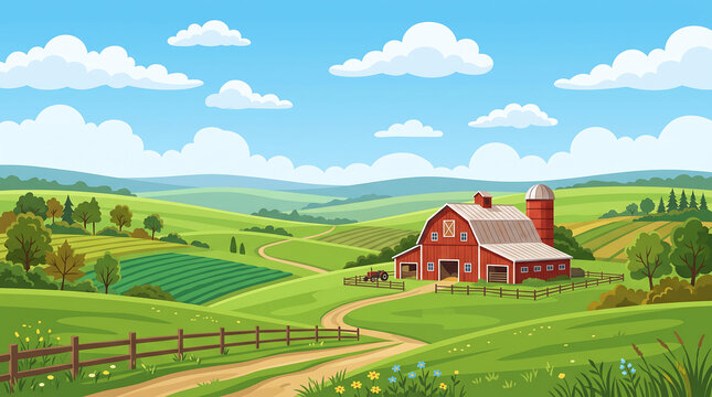 Red Barn in Green Countryside Landscape Under a Bright Blue Sky