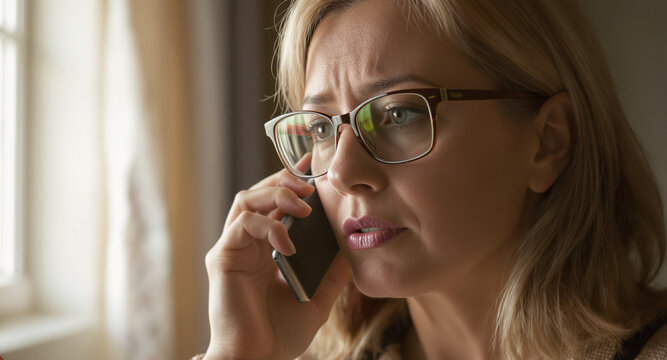A side view portrait of a worried blonde woman with glasses talking on her smartphone, displaying a concerned and anxious facial expression during a stressful phone conversation.