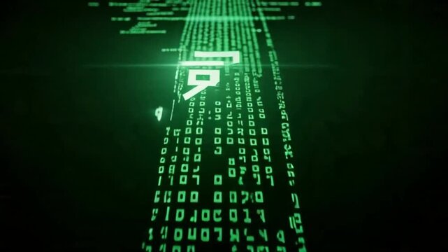 Abstract digital background with glowing green binary code stream flowing through dark cyberspace.