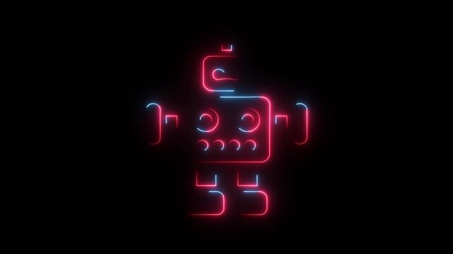 Three glowing neon retro robot icons with red and blue light effects on black background