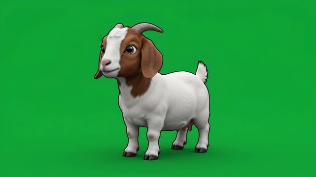 Cute cartoon goat with brown and white fur standing on a green screen background, looking friendly and curious.