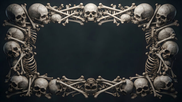 A spooky decorative frame made of human skulls and bones arranged in a rectangular border on a dark and mysterious background