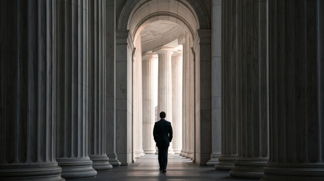 Lawyer walking confidently through a grand courthouse corridor with dramatic architecture and a cinematic professional atmosphere.