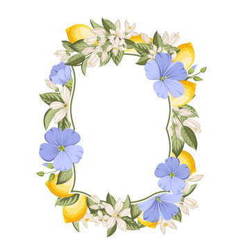 Frame of lemons, blue flax flowers, citrus blossoms and green leaves