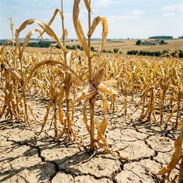 Wilted corn growing in cracked dry soil during drought