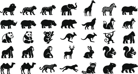 Obraz premium Collection of black silhouette animal icons featuring wildlife and mammals