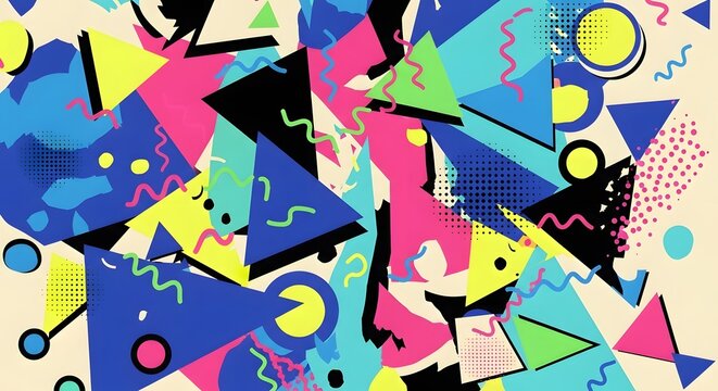 Retro Geometric Pattern: A vibrant explosion of 80s and 90s inspired geometric shapes, including triangles, circles, and squiggly lines, in a dazzling array of bold colors like neon pink.