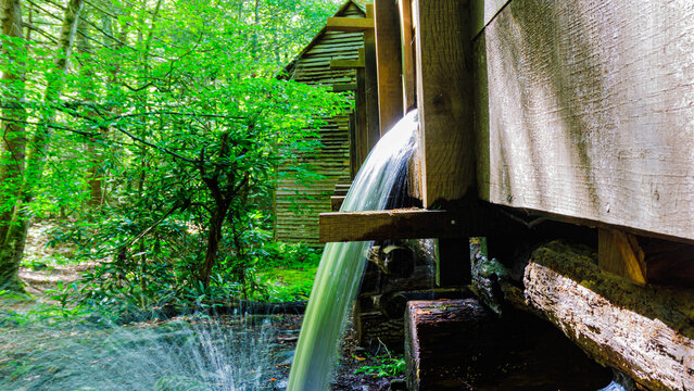 Water Running From The Wooden Flume at The Historic John P. Cable Grist Mill at The Cable Mill and Historic Area, Cades Cove, Great Smoky Mountains National Park, Tennessee, USA