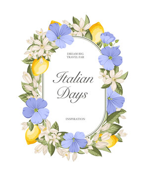 Frame of lemons, blue flax flowers, citrus blossoms and green leaves