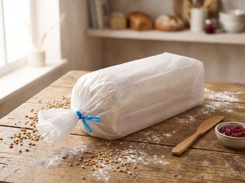 A loaf of fresh bread wrapped in a white plastic bag on a rustic wooden table with wheat grains and jam. Bakery packaging mockup concept.