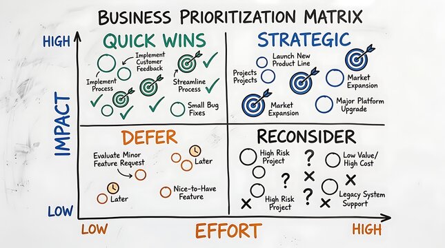 A business prioritization matrix diagram showing quadrants for quick wins strategic defer and reconsider tasks.