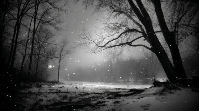 As the wind howled through bare branches, the icy winter air seemed to freeze time, while ghostly moonlight covered the silent world and snowflakes drifted gently to the ground.
