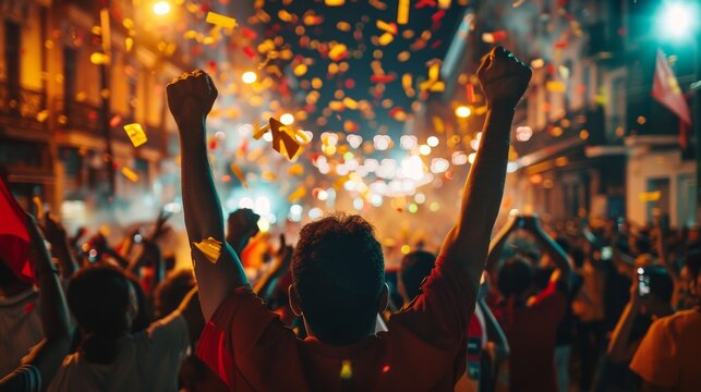 Festive celebration lights up the night in a lively street full of joy and excitement