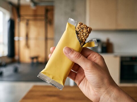 Hand holding a partially opened blank yellow granola bar wrapper in a gym. Healthy protein snack packaging mockup for fitness nutrition.