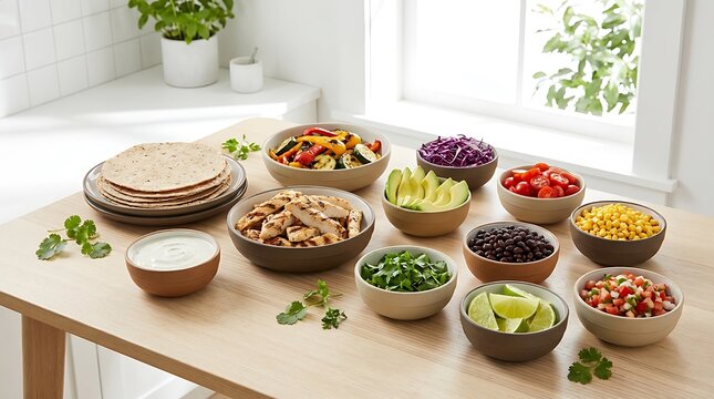 Fresh taco ingredients in bowls with corn tortillas on a wooden table for a diy dinner party. customizable taco bar