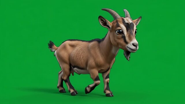 Cute brown goat with horns walking on a vibrant green screen background, full body shot.