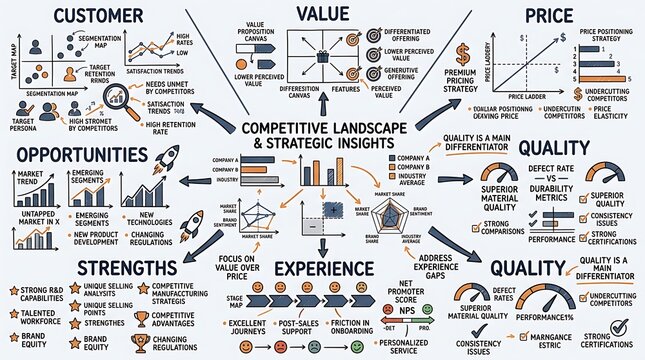 Comprehensive business strategy infographic showing competitive landscape analysis and market positioning insights.