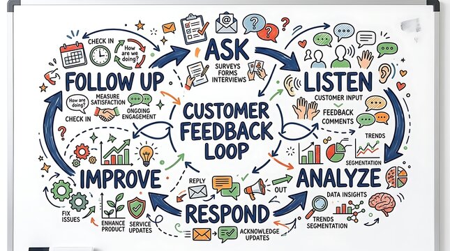 Customer feedback loop diagram drawn on a white board for business strategy.