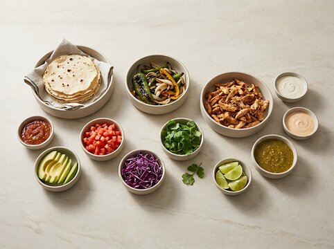 Fresh taco bar ingredients with tortillas chicken vegetables and various sauces in small bowls. customizable taco bar