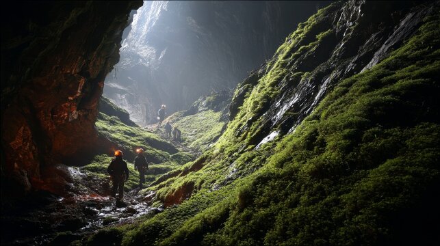 As they explored deeper, footsteps echoed across the damp cave walls. The air turned colder, filled with the smell of moss and ancient stone, while glowing fungi illuminated the dark path ahead.
