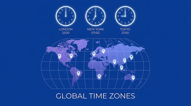 World map graphic showing different global time zones with clock icons for London New York and Tokyo on blue background