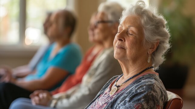 Meditation session brings peace and tranquility to older adults in a sunny community center