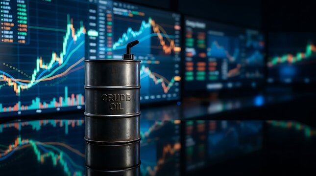 Dark Oil Barrel with Pump in Front of Stock Market Screens