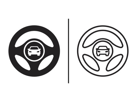 Steering wheel driving control automotive part outline and black fill icon set with steering
