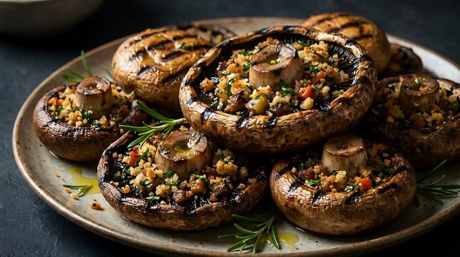 Delicious grilled portobello mushrooms stuffed with herbs and vegetables on a dark plate. grilled appetizer visuals