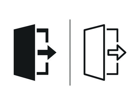 Opened door frame with arrow exit outline and black fill icon set direction movement template