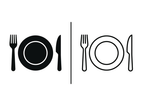 Dinner plate fork and knife outline and black fill icon set with restaurant collection tableware