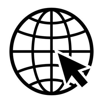 Black cursor arrow icon pointing at globe grid symbol