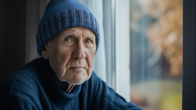 Elderly man thoughtfully gazes out the window on a chilly autumn afternoon