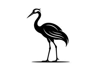 Naklejka premium Minimalist crane bird silhouette vector, elegant heron standing profile icon, black stork wildlife logo design on white background
